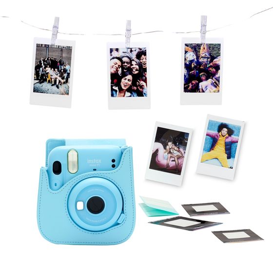 Fujifilm Instax Mini 11 sky blue + Instax film 10x + kožené pouzdro